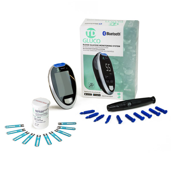 HT One TD Gluco Meter testset with 10 self-testing kits, unboxed, showing the glucose meter and test strips.