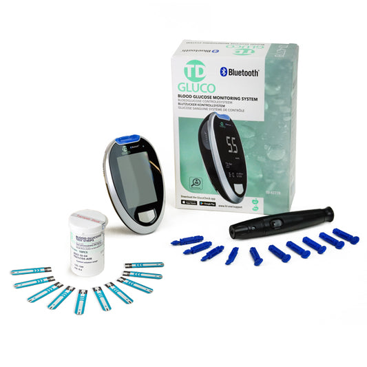 HT One TD Gluco Meter testset with 10 self-testing kits, unboxed, showing the glucose meter and test strips.