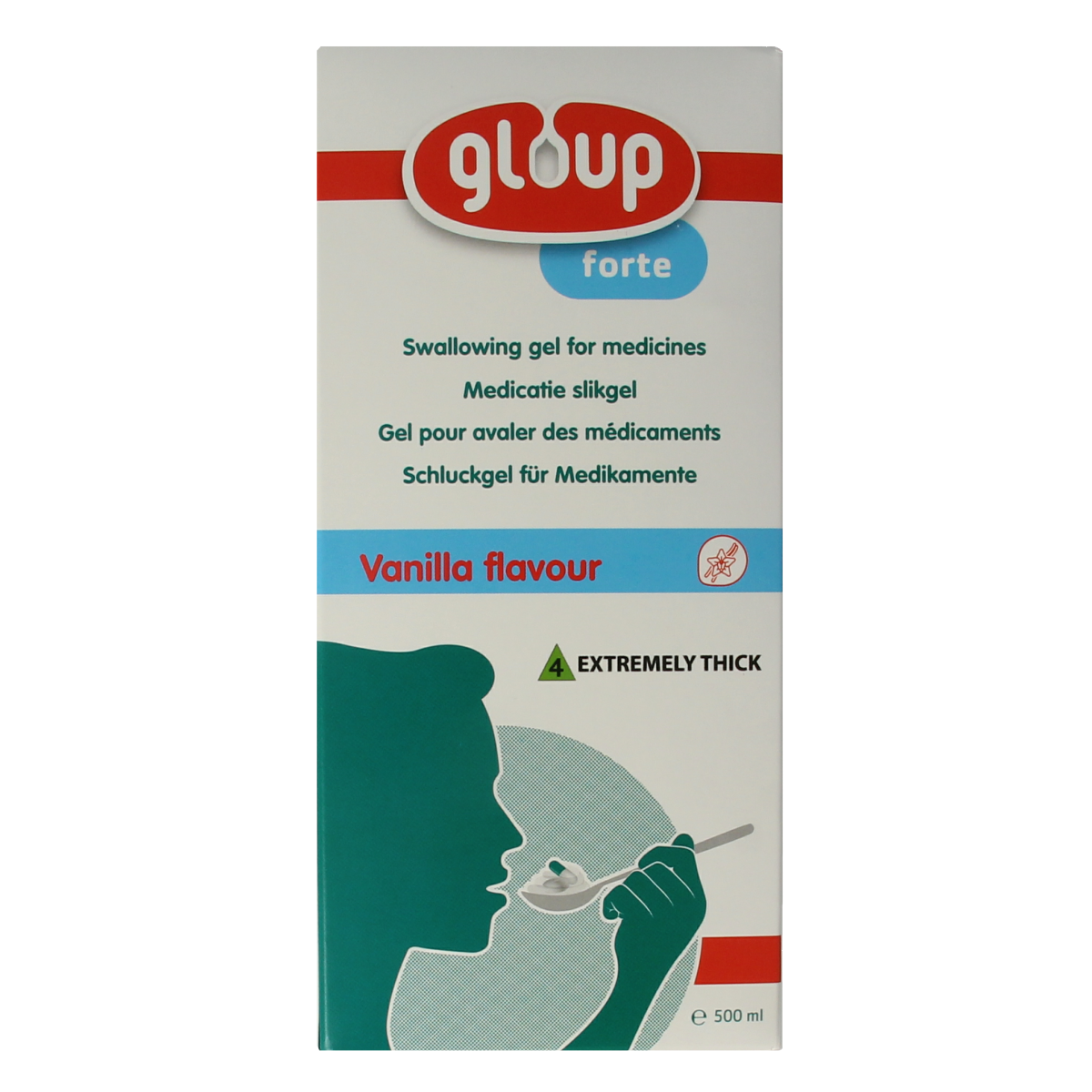 Gloup Forte met pomp 500ml, plastic bottle with pump dispenser, transparent liquid inside, used as a medical or oral solution.