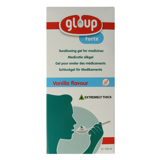 Gloup Forte met pomp 500ml, plastic bottle with pump dispenser, transparent liquid inside, used as a medical or oral solution.