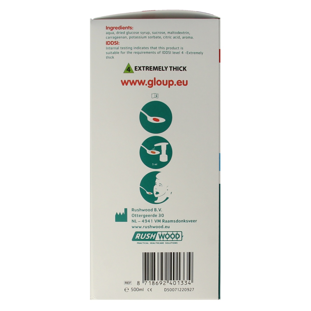 Gloup Forte met pomp 500ml, clear liquid in a plastic bottle with a pump dispenser, used for oral analgesic relief.