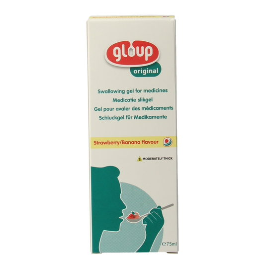 Gloup Original medicatie inname gel in aardbei banaan flavor, 75ml, with a tube and packaging visible.