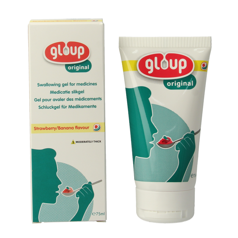 Gloup Original aardbei banaan medicatie inname gel in 75ml tube, featuring strawberry and banana flavor packaging.