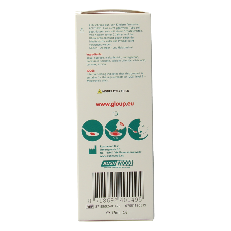 Gloup Original medicatie inname gel in aardbei-banaan flavor, 75ml, with a bright pink and yellow packaging.