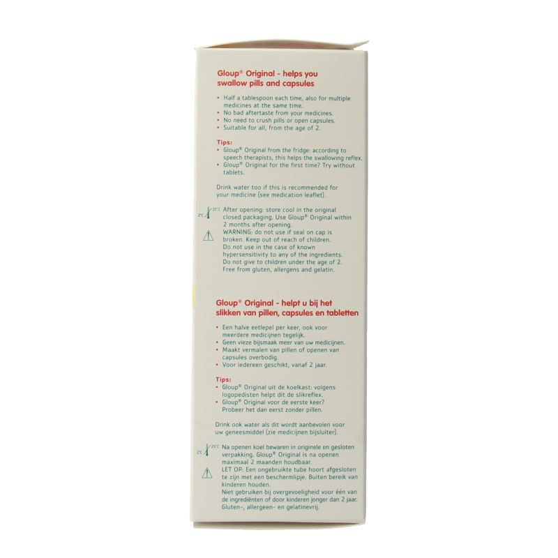 Gloup Original medicatie inname gel in aardbei banaan flavor, 75ml, displayed in a transparent tube with a white cap.