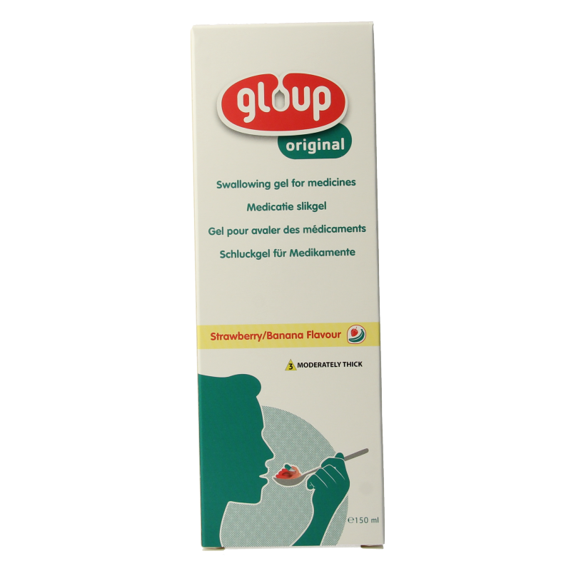 Gloup Original medicatie inname gel in aardbei banaan flavor, 150ml, with a clear bottle and colorful label.