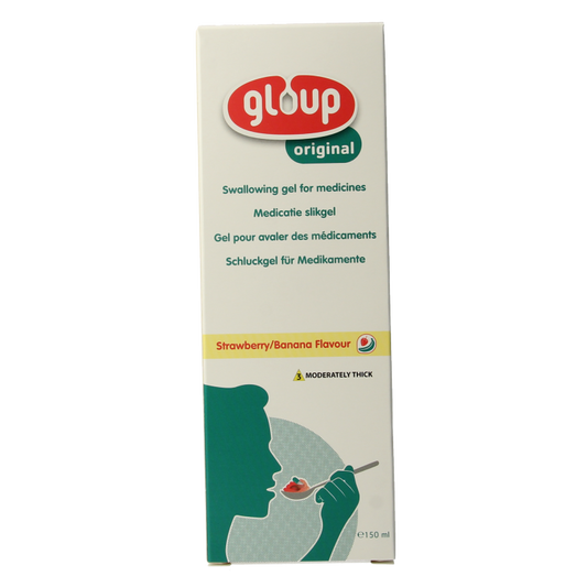 Gloup Original medicatie inname gel in aardbei banaan flavor, 150ml, with a clear bottle and colorful label.