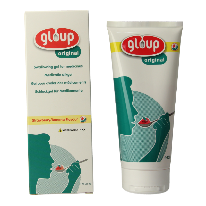Gloup Original medicatie inname gel in aardbei banaan flavor, 150ml bottle, showing the gel container with flavor labels.