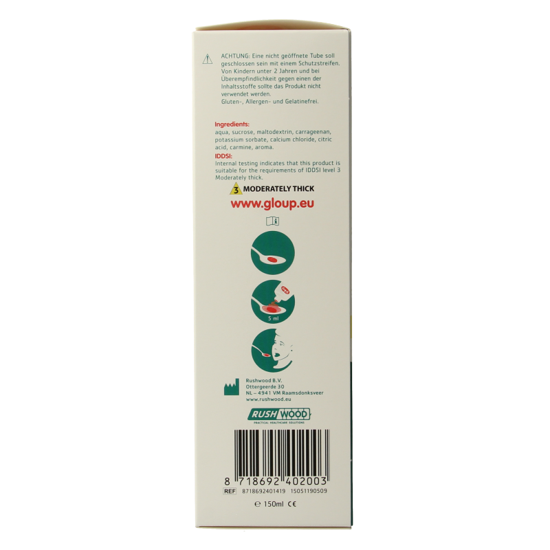 Gloup Original medicatie inname gel in aardbei-banaan flavor, 150ml, with a transparent bottle and colorful label.