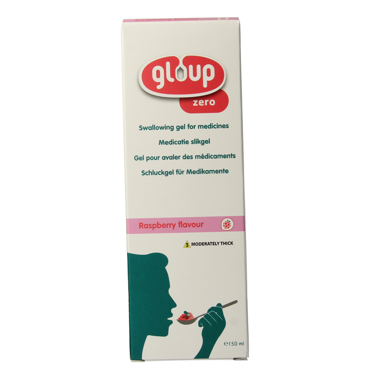 Gloup Zero medicatie inname gel with raspberry flavor in a 150ml bottle, designed for easy oral application.
