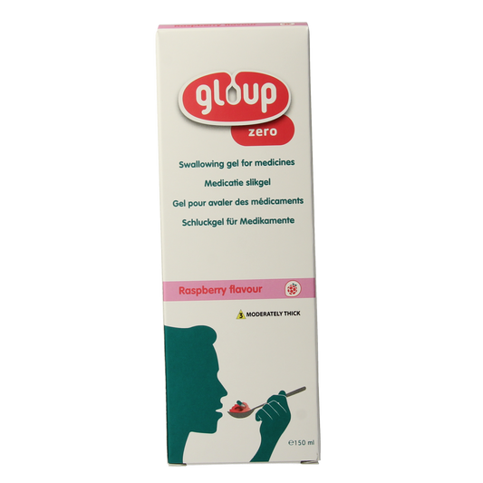 Gloup Zero medicatie inname gel with raspberry flavor in a 150ml bottle, designed for easy oral application.