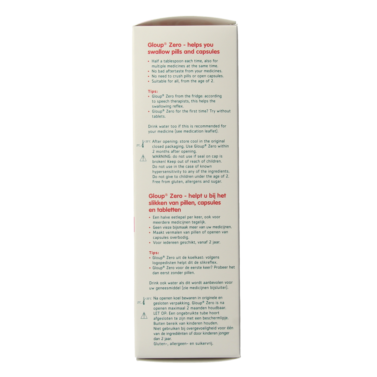 Gloup Zero medicatie inname gel with raspberry flavor in a 150ml tube, designed for easy medication intake.
