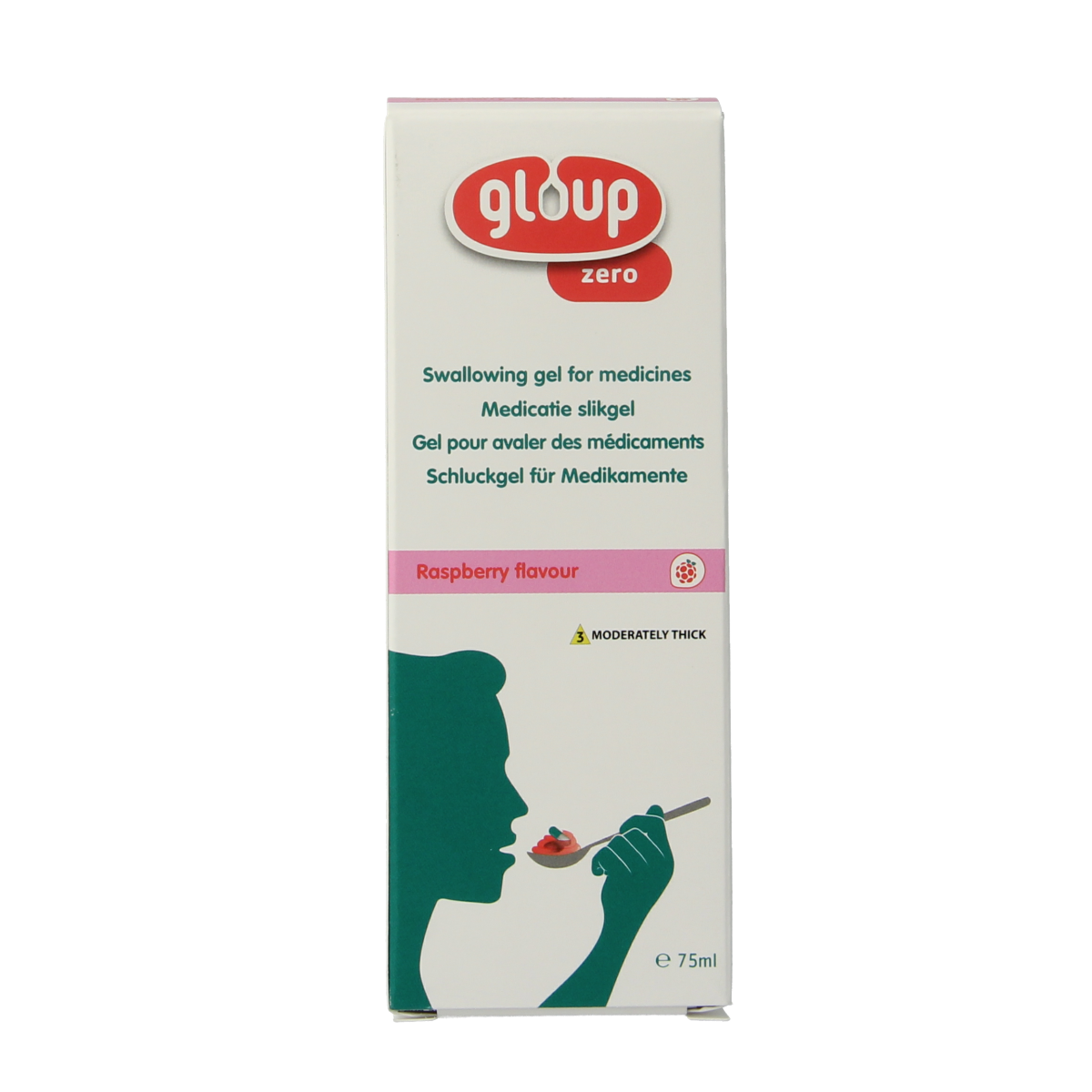 Gloup Zero medicatie inname gel in framboos flavor, 75ml bottle, clear gel with raspberry scent and branding label.