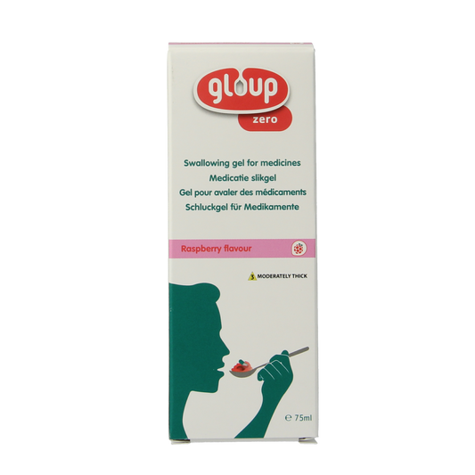 Gloup Zero medicatie inname gel in framboos flavor, 75ml bottle, clear gel with raspberry scent and branding label.