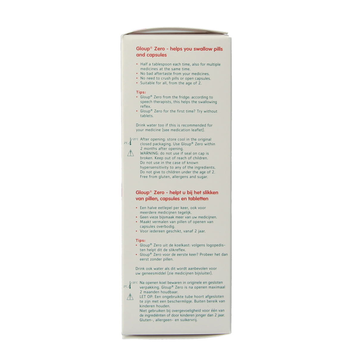 Gloup Zero medicatie inname gel met framboos smaak, 75 ml, close-up of the raspberry-flavored gel tube.