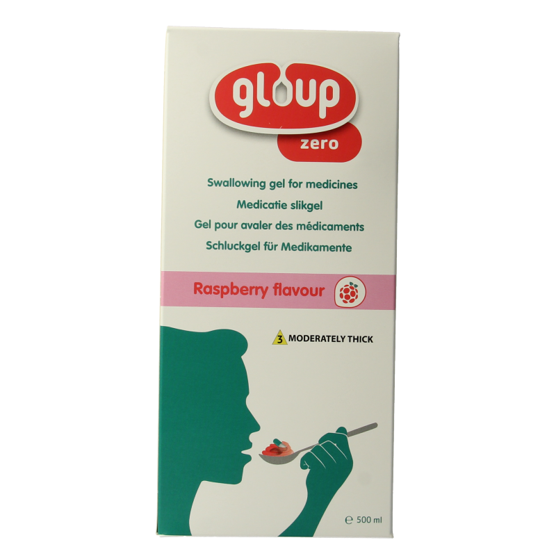 Gloup Zero medicatie inname gel framboos flavor in a 500ml bottle, raspberry-flavored gel for easier medication intake.