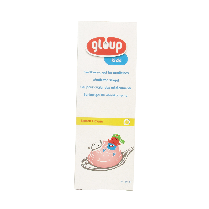 Gloup Kids medicatie slikgel in 150ml bottle, clear gel for easy swallowing, with a measuring cap for accurate doses.