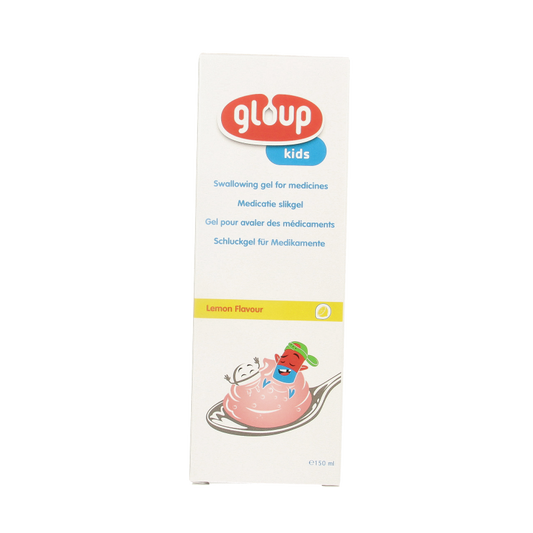 Gloup Kids medicatie slikgel in 150ml bottle, clear gel for easy swallowing, with a measuring cap for accurate doses.