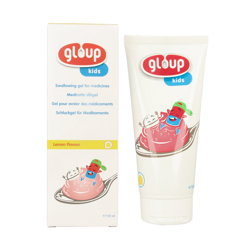 Gloup Kids medicatie slikgel in 150ml bottle, shown with label and applicator, designed for easy administration to children.
