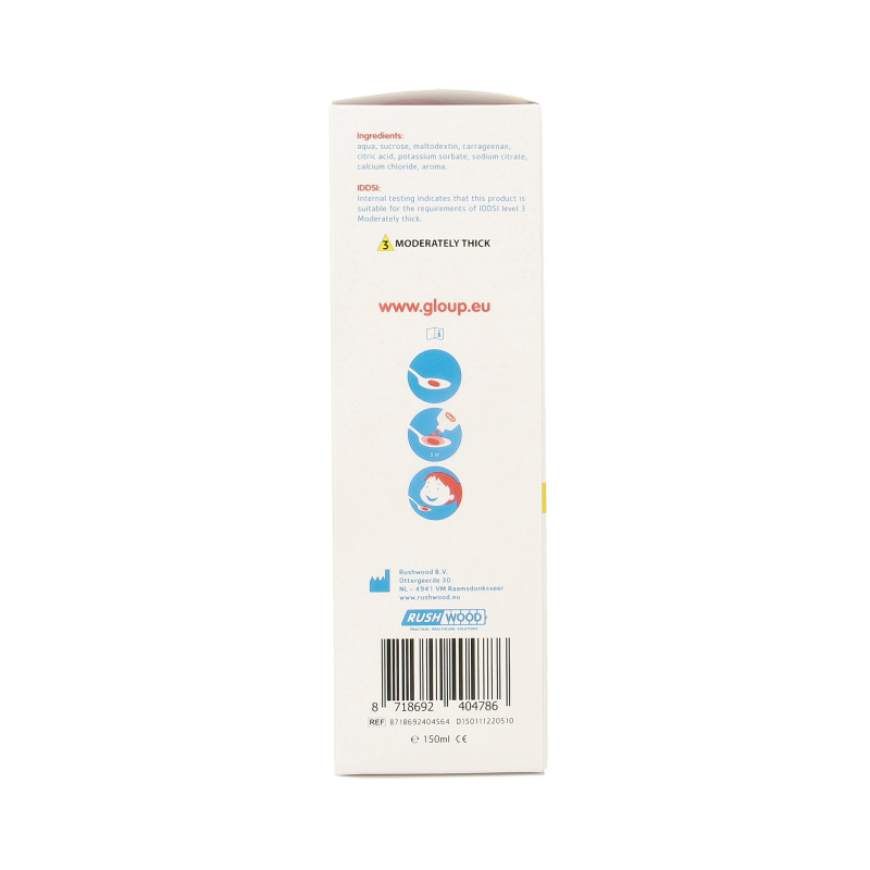 Gloup Kids medicatie slikgel in 150ml bottle, clear gel for easy swallowing, labeled with Gloup branding.
