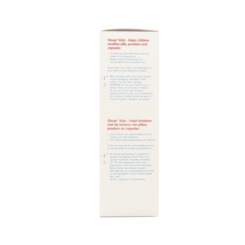 Gloup Kids medicatie slikgel in 150ml bottle, clear gel for easy swallowing, with brand label visible.