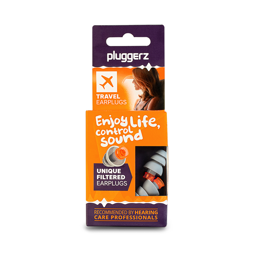 Pluggerz Enjoy travel ear protection in a pair, designed for comfortable hearing protection during travel.