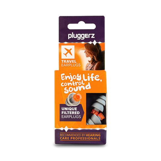 Pluggerz Enjoy travel ear protection in a pair, designed for comfortable hearing protection during travel.