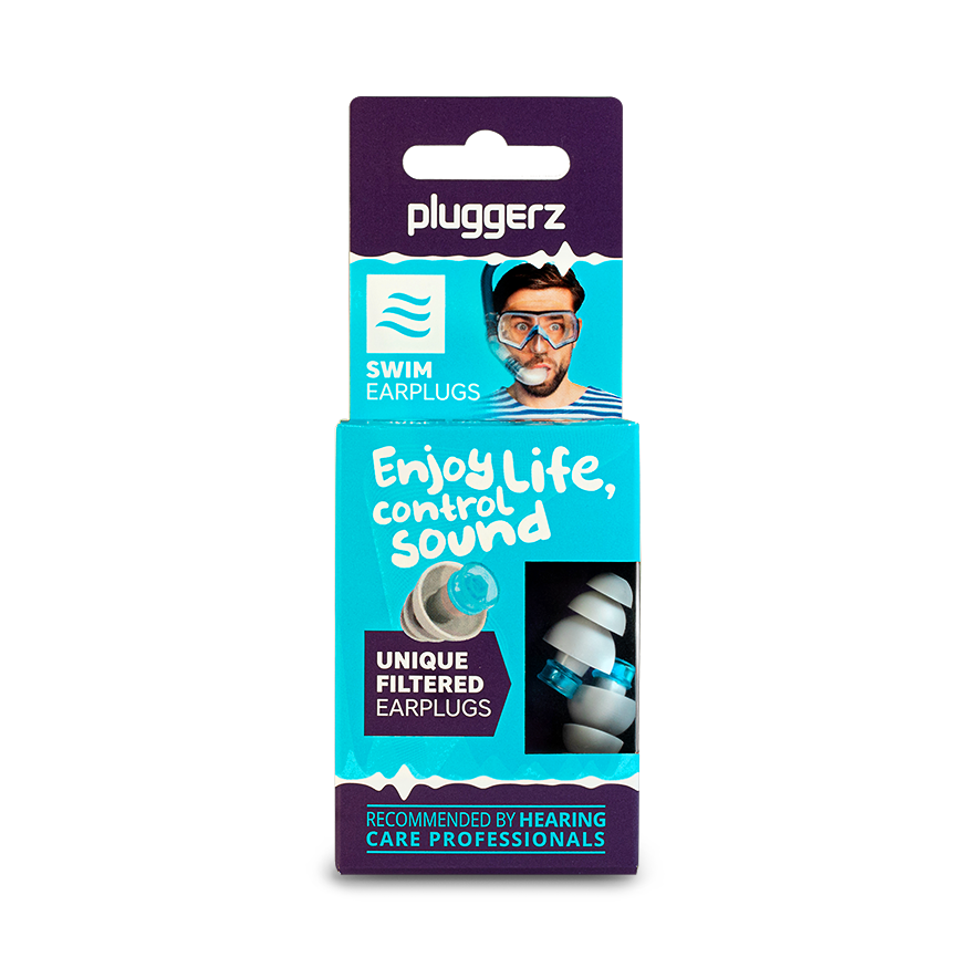 Pluggerz Enjoy swim ear protection in a pair, designed for comfortable hearing protection during water activities.