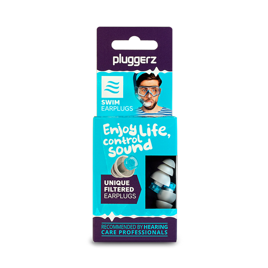 Pluggerz Enjoy swim ear protection in a pair, designed for comfortable hearing protection during water activities.