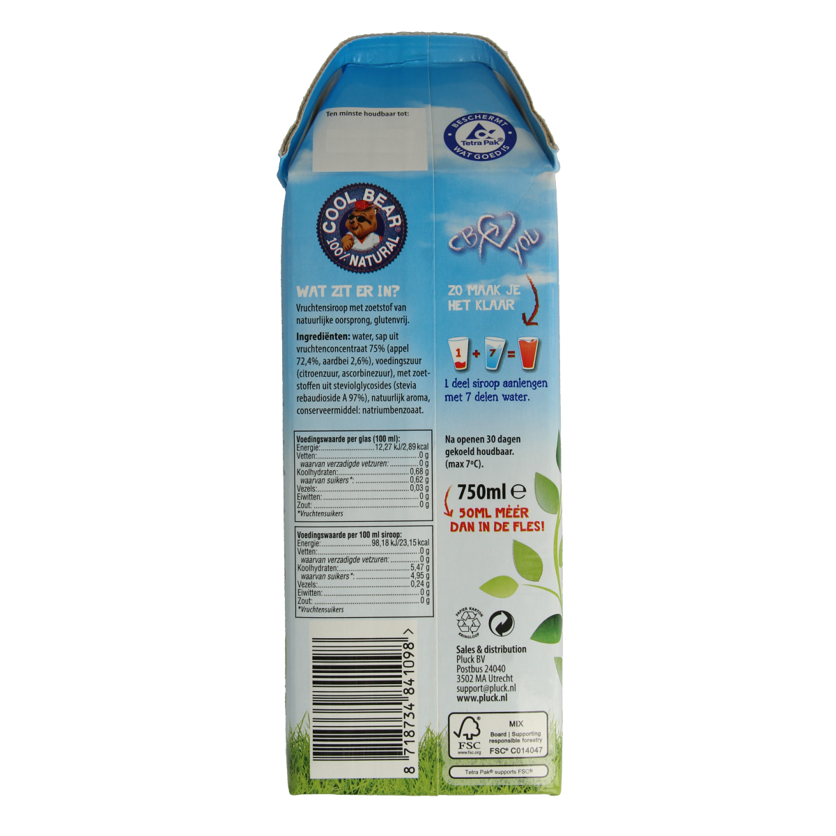 Cool Bear aardbei-appel siroop in een glazen fles met fruitige aardbei en appel smaak, voor dranken en sappen.