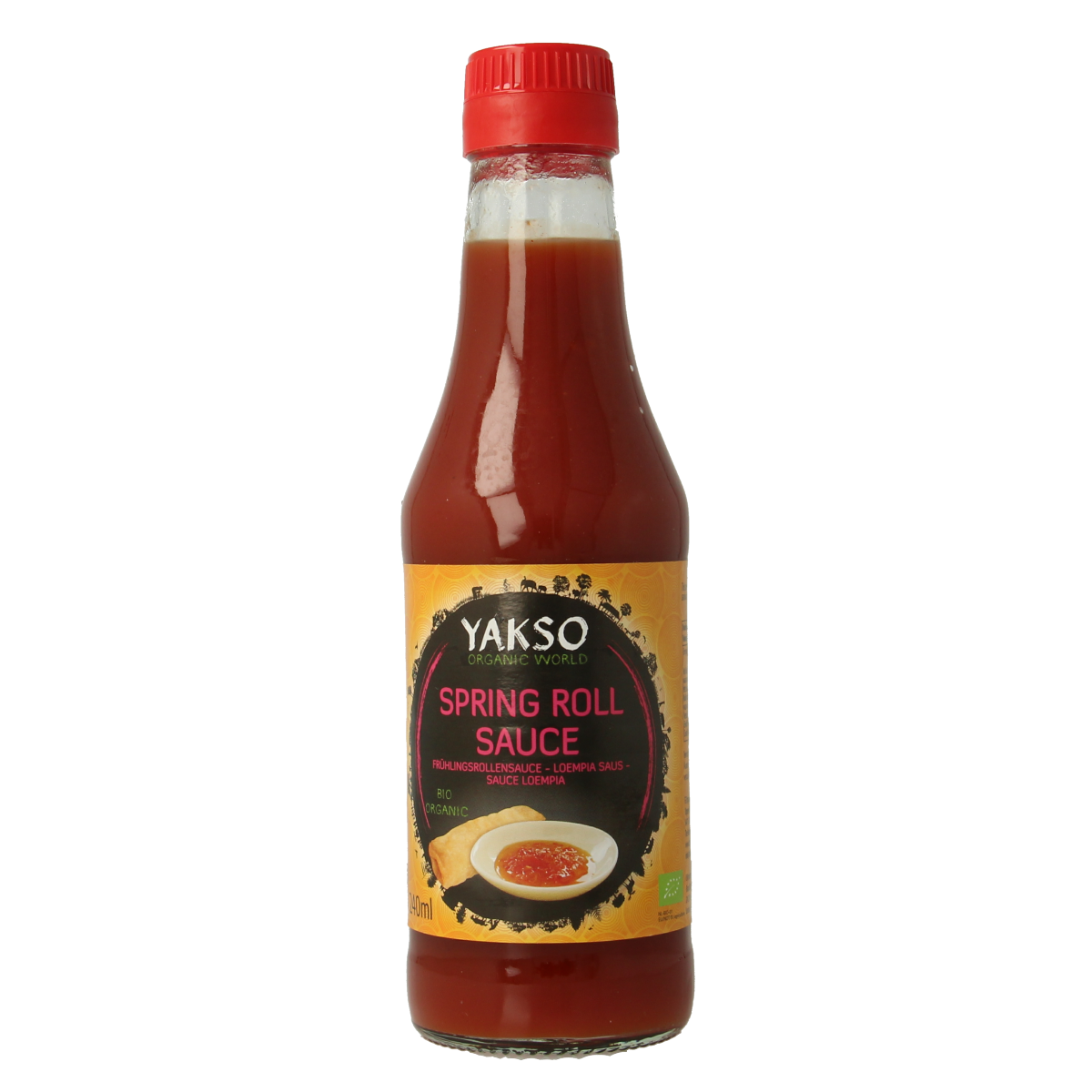 Yakso Loempia saus bio in 240ml bottle, organic sauce and flavor enhancer, suitable for Asian dishes and dipping.