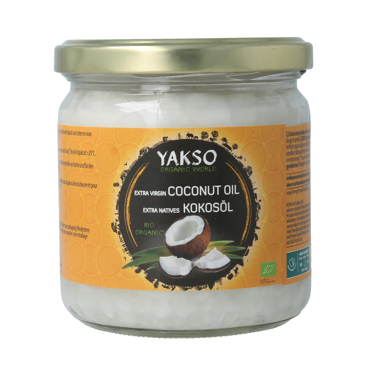 Organic Yakso extra virgin coconut oil in a 320ml bottle, natural oil for cooking and skincare, with a clear label and cap.