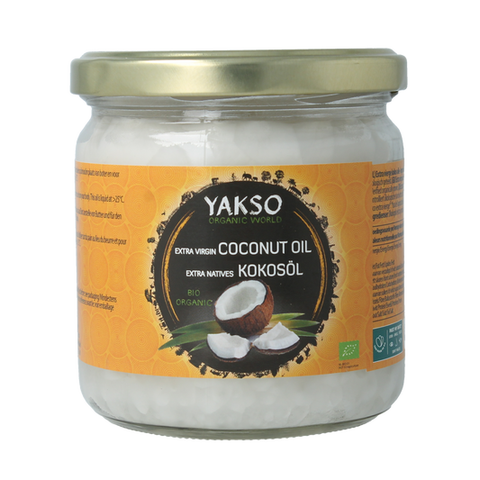 Organic Yakso extra virgin coconut oil in a 320ml bottle, natural oil for cooking and skincare, with a clear label and cap.