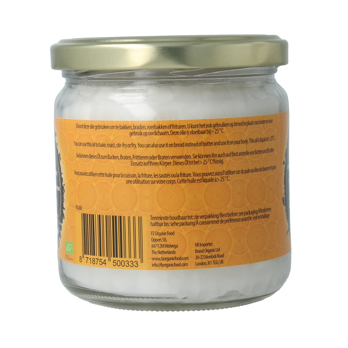 Organic Yakso extra virgin coconut oil in a 320ml bottle, shown in a clear container with a white label.