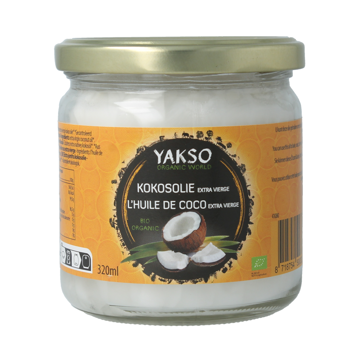 Organic Yakso extra virgin coconut oil in a 320ml bottle, natural oil and fat product with a clear label and white cap.