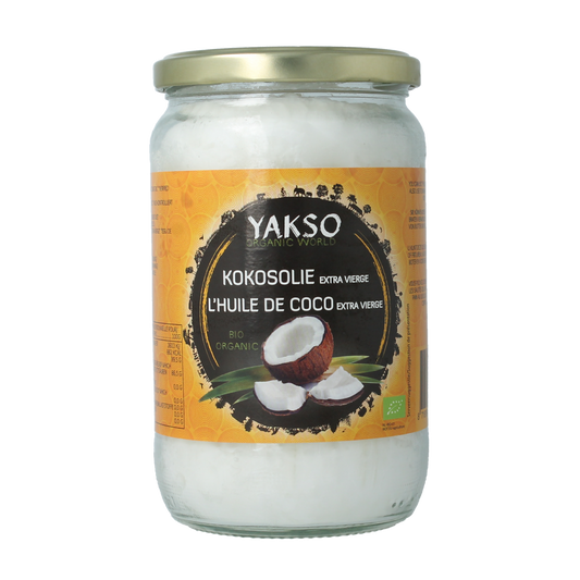 Organic Yakso extra virgin coconut oil in a 650ml bottle, natural and unrefined, ideal for cooking and skincare.