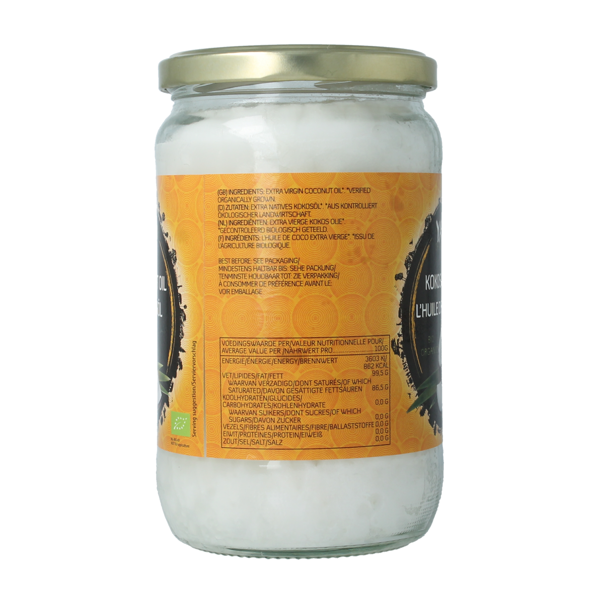 Organic Yakso extra virgin coconut oil in a 650ml bottle, featuring a clear container and a white label with green accents.