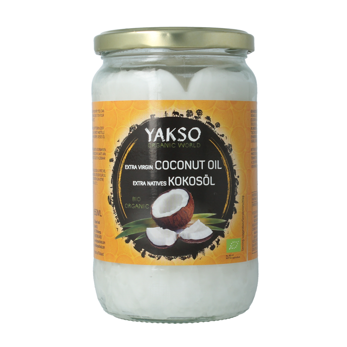 Organic Yakso extra virgin coconut oil in a 650ml bottle, natural and unrefined, suitable for cooking and skincare.