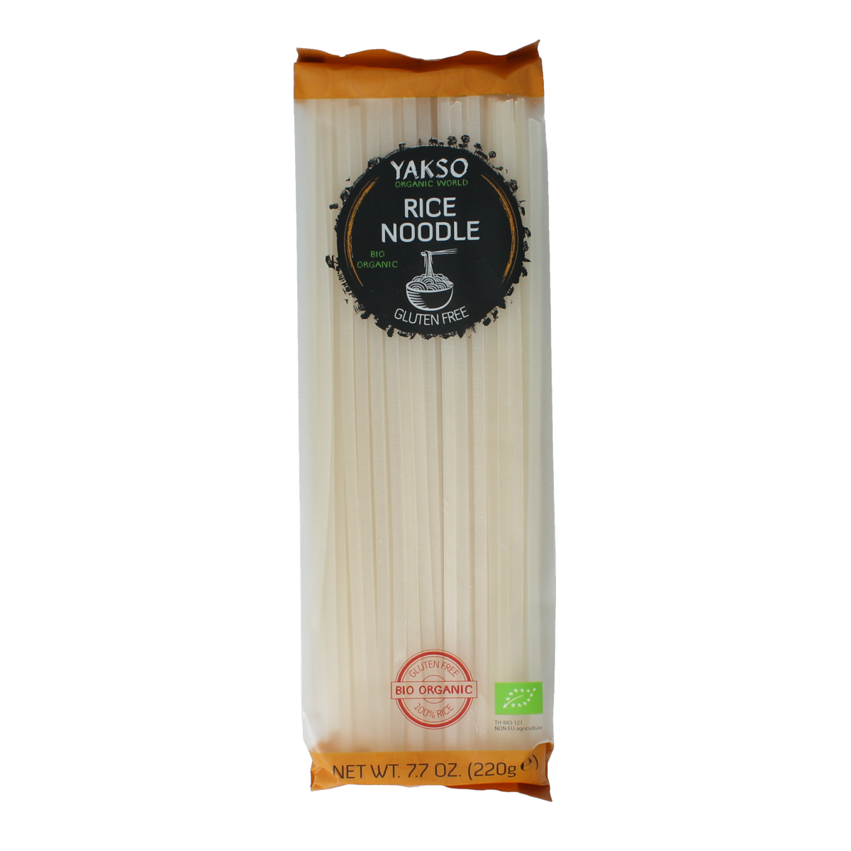 Yakso organic rice noodles in a 220g package, showcasing the pasta's thin, white rice noodle strands on the package.