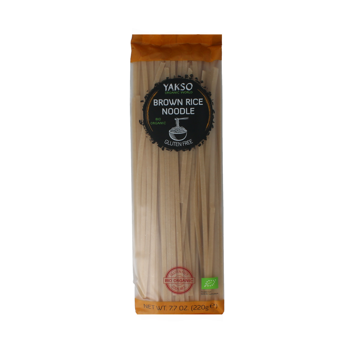 Yakso Rice Noodle Bruin Bio, 220g, natural pasta made from organic rice, shown in a close-up of the packaged product.