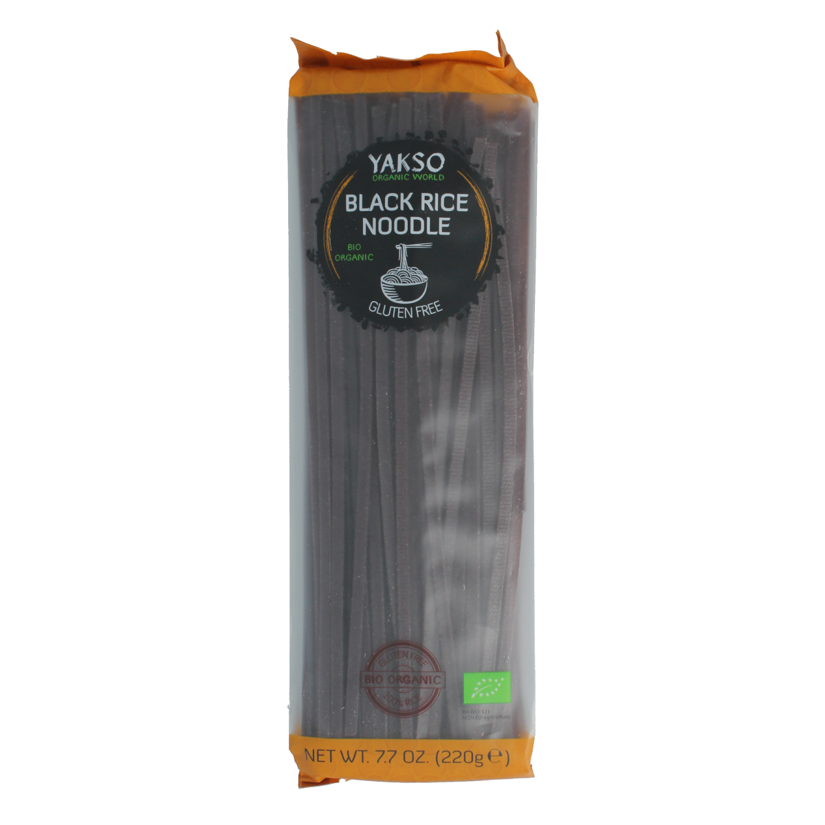 Yakso Bio black rice noodles in 220g package, gluten-free pasta made from organic black rice, displayed in the image.