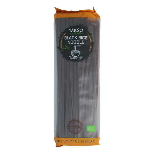 Yakso Bio black rice noodles in 220g package, gluten-free pasta made from organic black rice, displayed in the image.