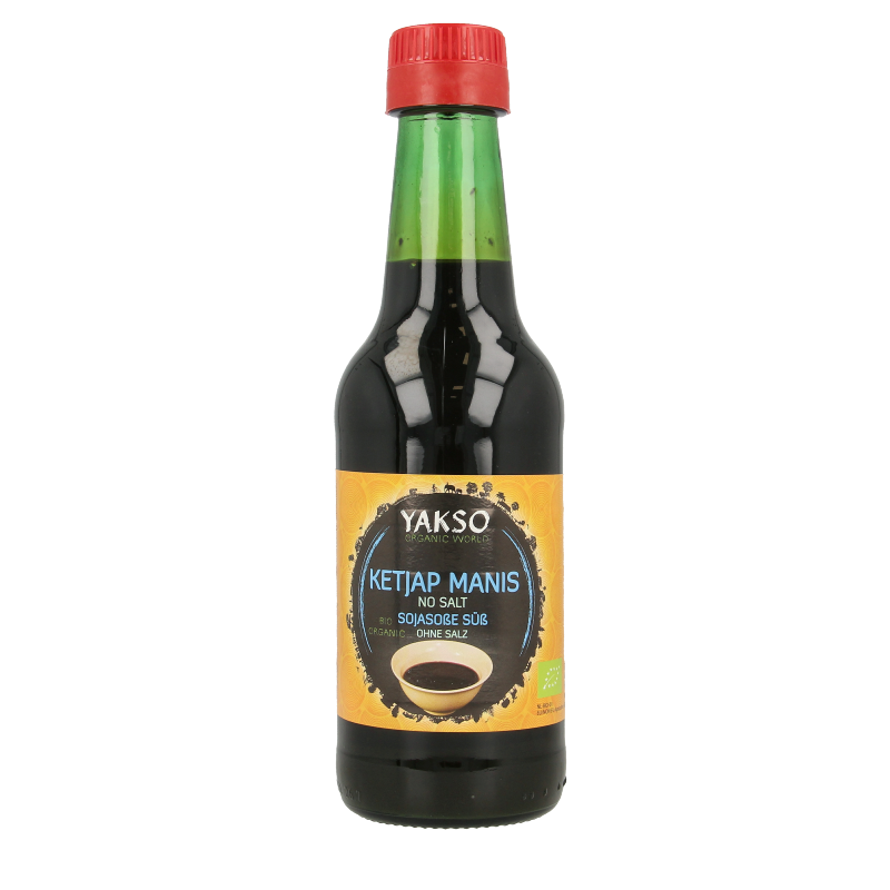 Yakso organic salt-free ketjap sauce in a 250ml bottle, showing the label and dark soy sauce inside.