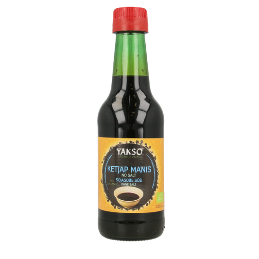 Yakso organic salt-free ketjap sauce in a 250ml bottle, showing the label and dark soy sauce inside.