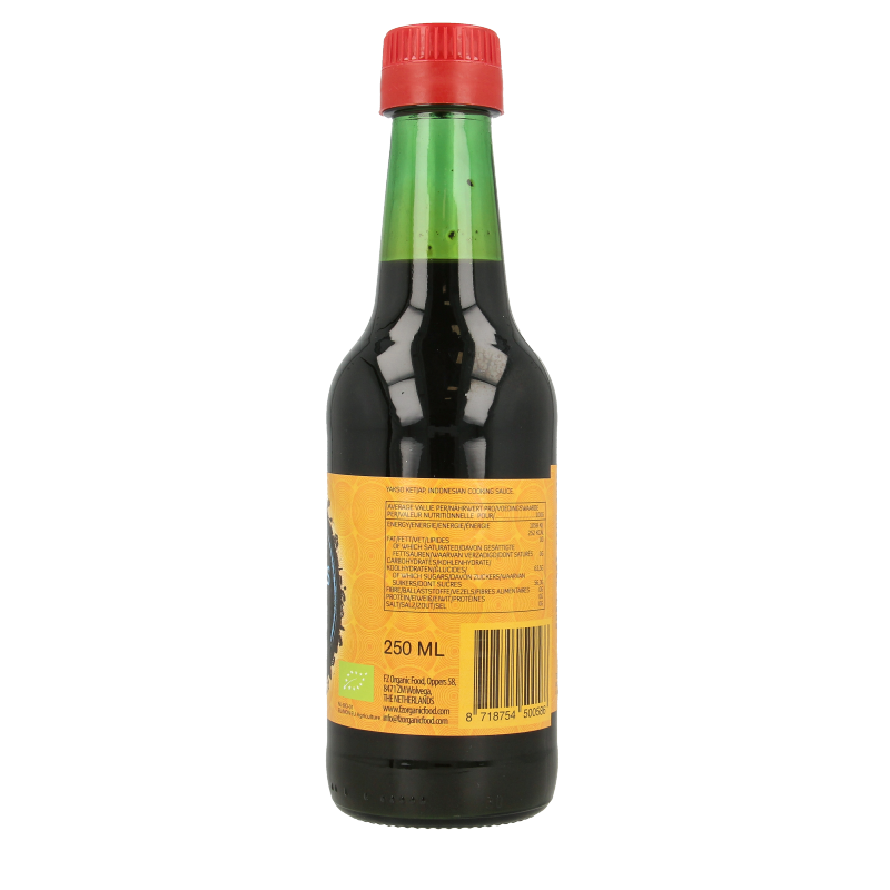 Organic Yakso Ketjap zonder zout sauce in 250ml bottle, a natural soy sauce alternative for cooking and flavoring.