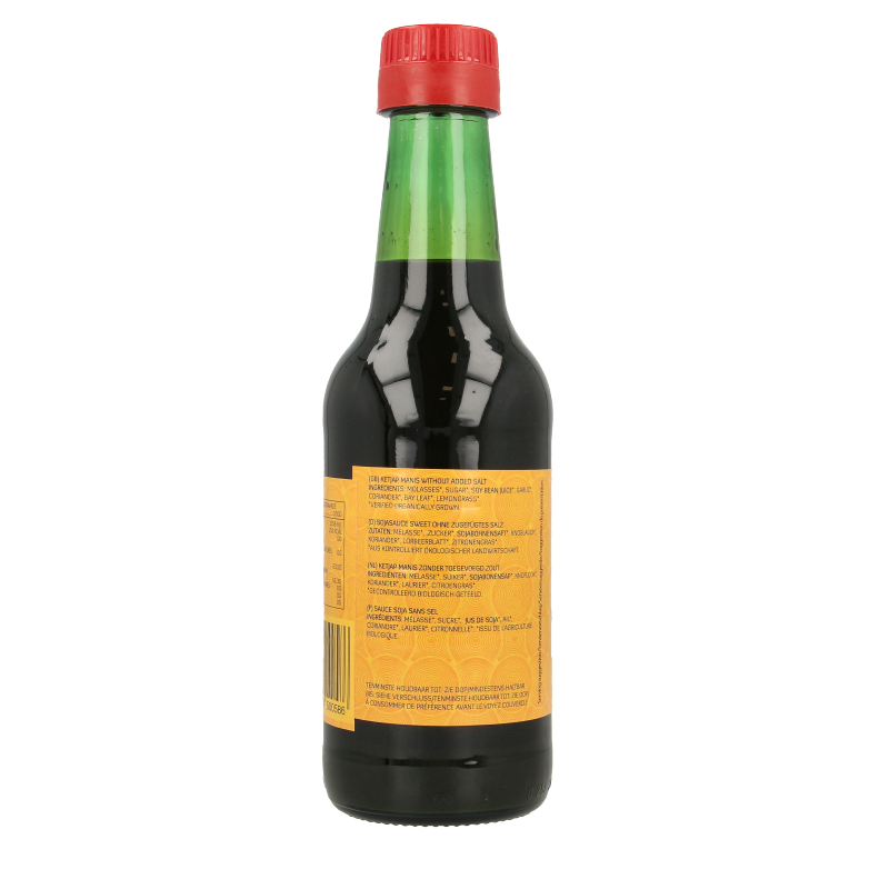 Yakso organic salt-free ketjap sauce in 250ml bottle, showcasing the dark soy sauce with label and cap.