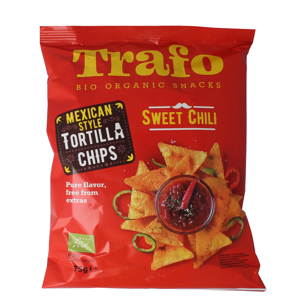 Trafo Tortilla Chips Chili Bio snack, 75g, crispy, seasoned tortilla chips with chili flavor, ideal for snacking or Tussendoortjes.