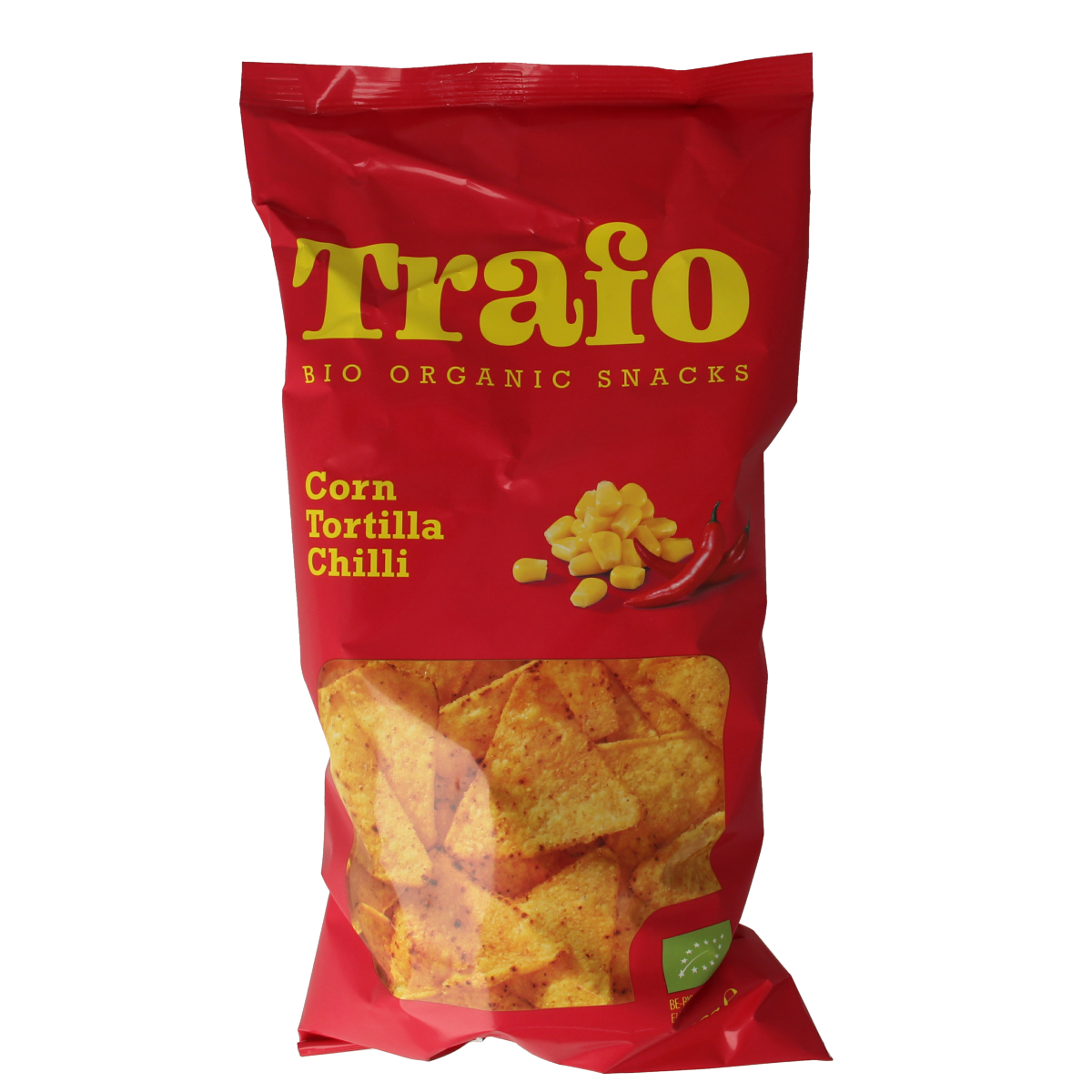Trafo Bio Chili Tortilla Chips in 200g bag, crispy chips with chili flavor, ready to enjoy as a snack.