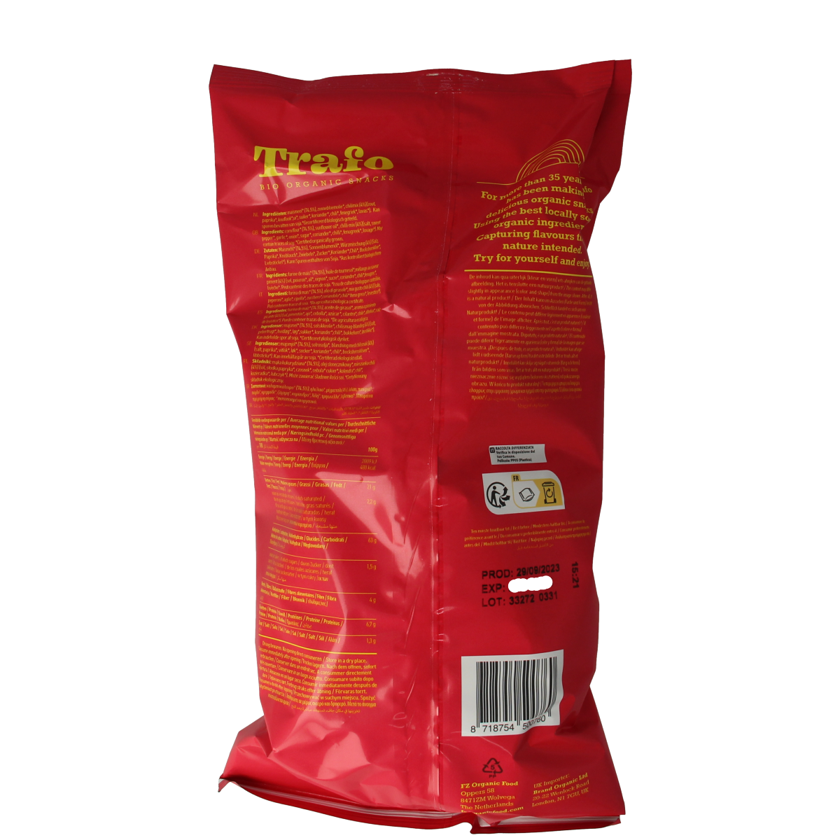 Trafo Tortilla Chips Chili Bio in 200g bag, crunchy organic tortilla chips with chili flavor, from the Chips en Zoutjes product line.