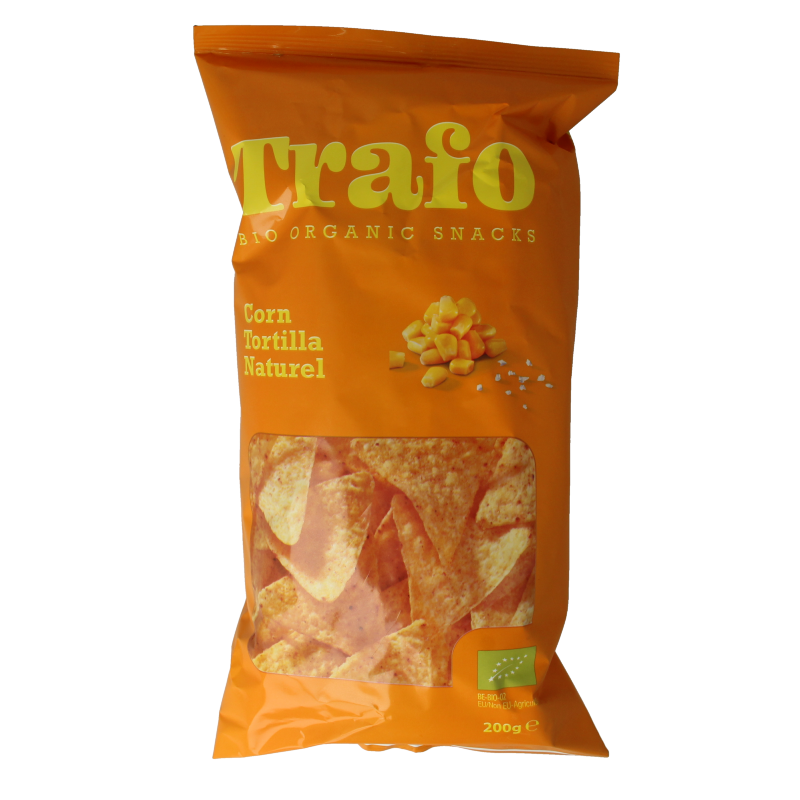 Trafo bio natural tortilla chips in 200g bag, crispy snack with whole grain corn, perfect for healthy snacking.